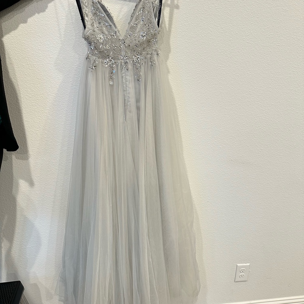 Elegant Silver Embellished Evening Gown - Picture 5 of 16
